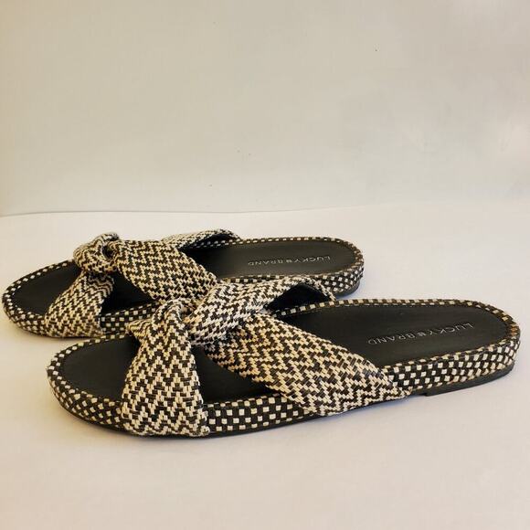Lucky Brand Sandals Size 10 Fynna Woven Slide Leather Black White Boho - Picture 7 of 13
